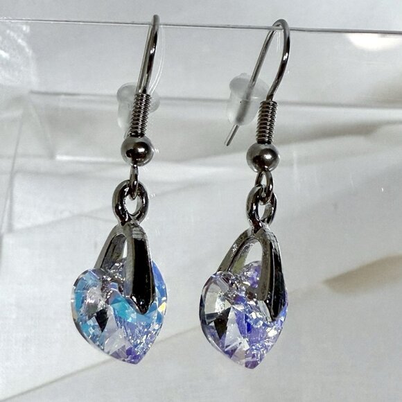 Heart Dangle Earrings Swarovski Crystal Aurora Borealis AB Jewelry - Picture 2 of 7